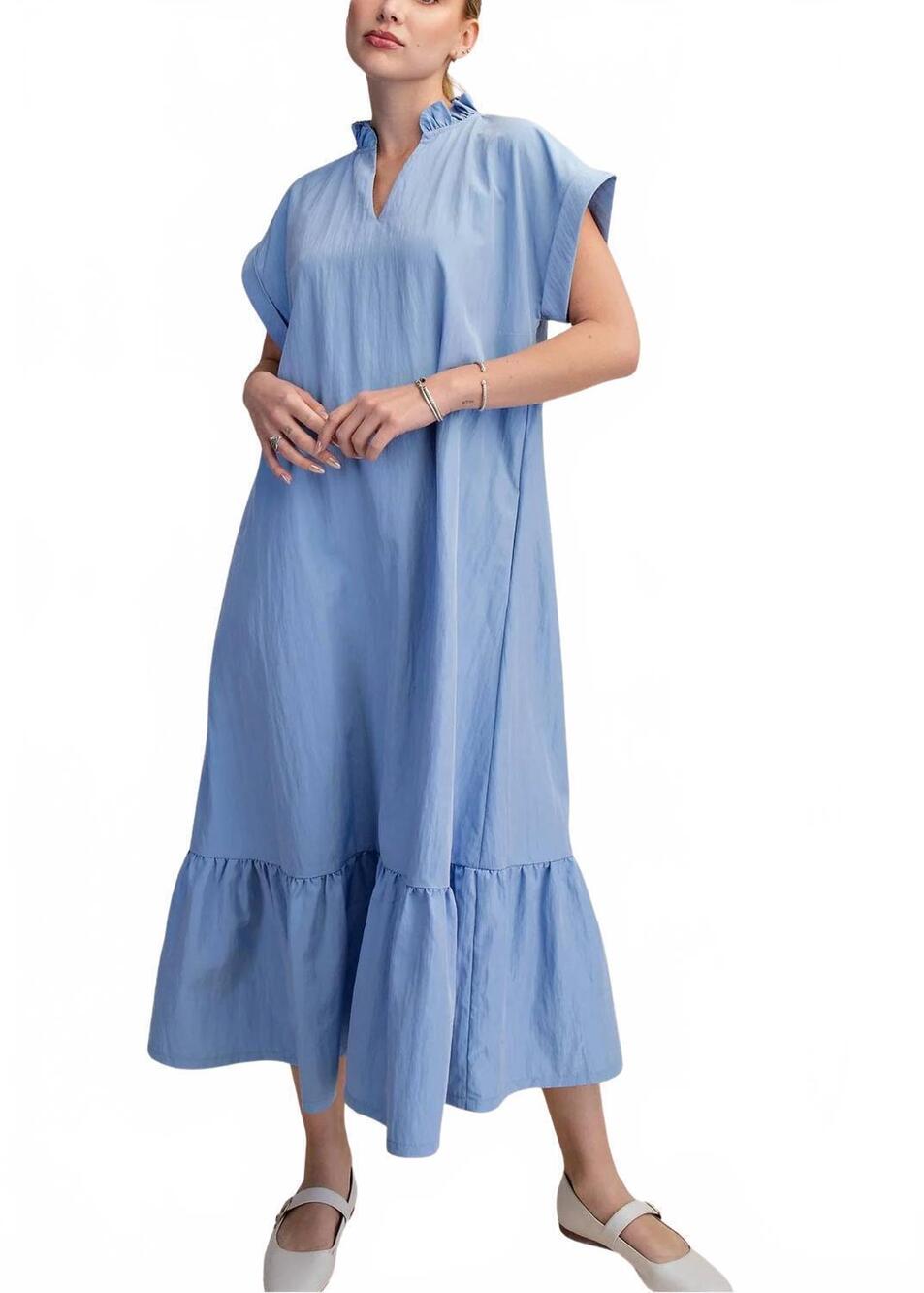 NEW GLAM ruffle neck relaxed midi dress in light blue